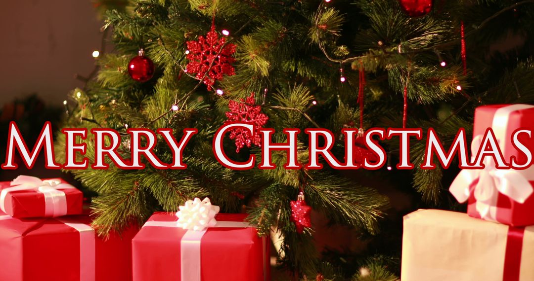 Festive Merry Christmas Text with Gifts Under Tree