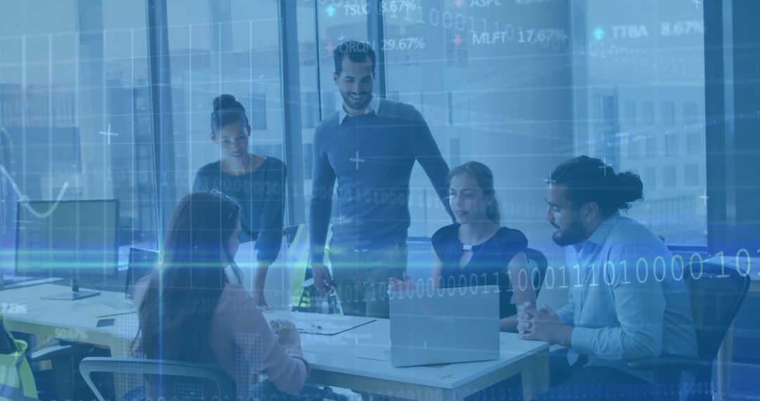 Collaborative Team Analyzing Digital Financial Data in Modern Office