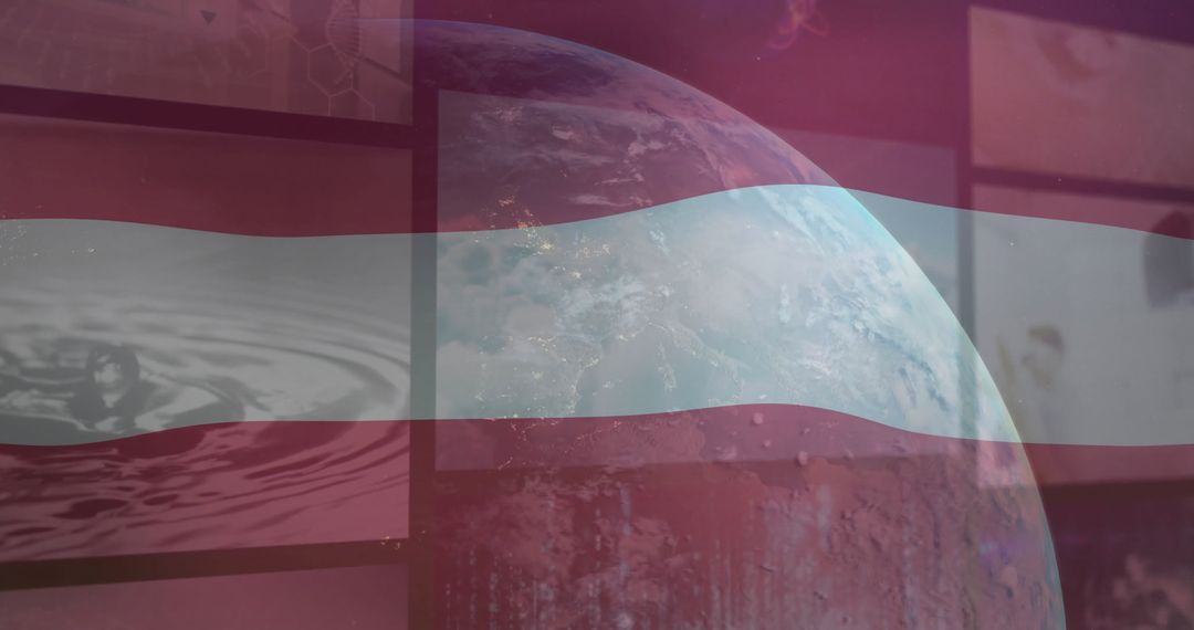 Austria Flag Overlaid on Earth with Screens and Water Symbolism