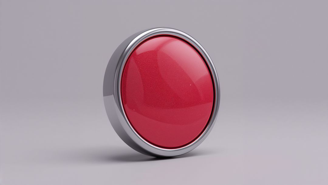 Glossy Red Push Button Shining on Neutral Gray Surface with Chrome Bezel