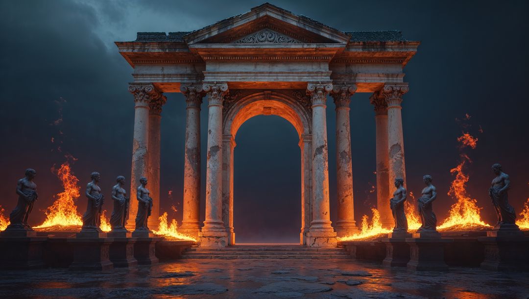 Ancient roman archway with hell flames and statues