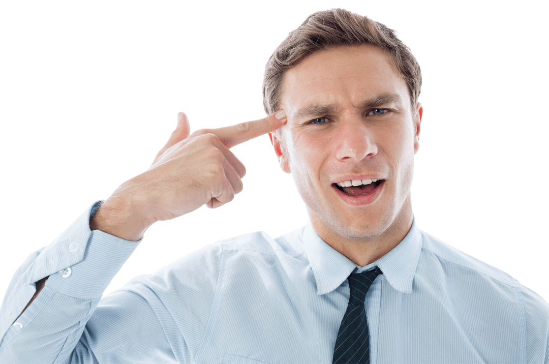 Caucasian Businessman Pointing to Temple on Transparent Background