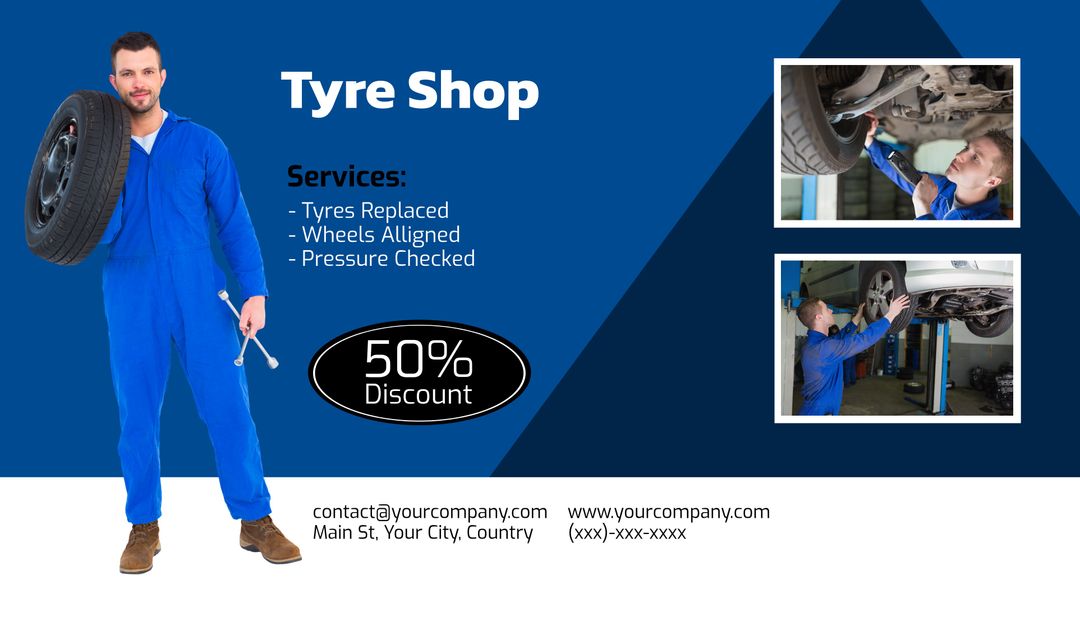 Mechanic in Blue Coveralls Promoting Tyre Shop Services and Discount - Download Free Stock Templates Pikwizard.com