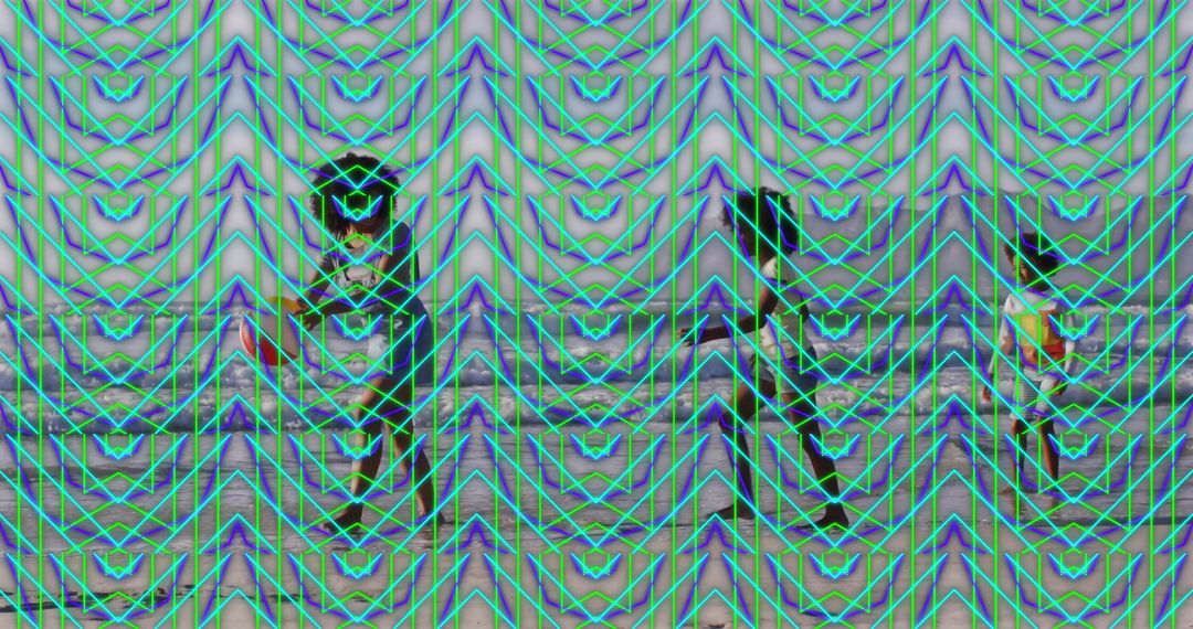 Family in Minimalist Gallery with Vibrant Neon Art