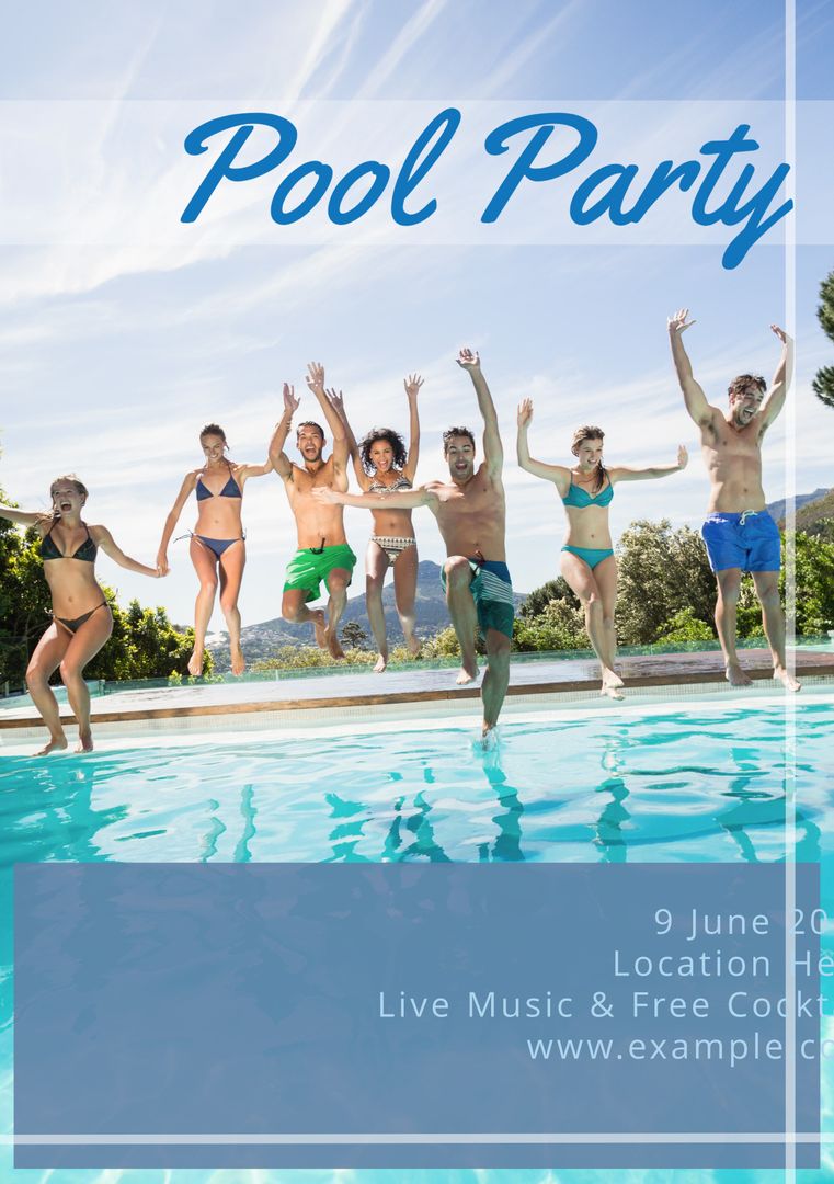 Energetic Pool Party Group Jumping into Water