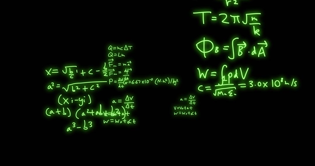 Mathematical Formulae with Neon Glow on Black Background