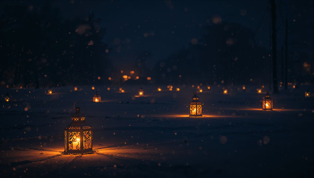 Glowing Ornate Lanterns Casting Warm Candlelight on Snowy Night with Filigree Bokeh