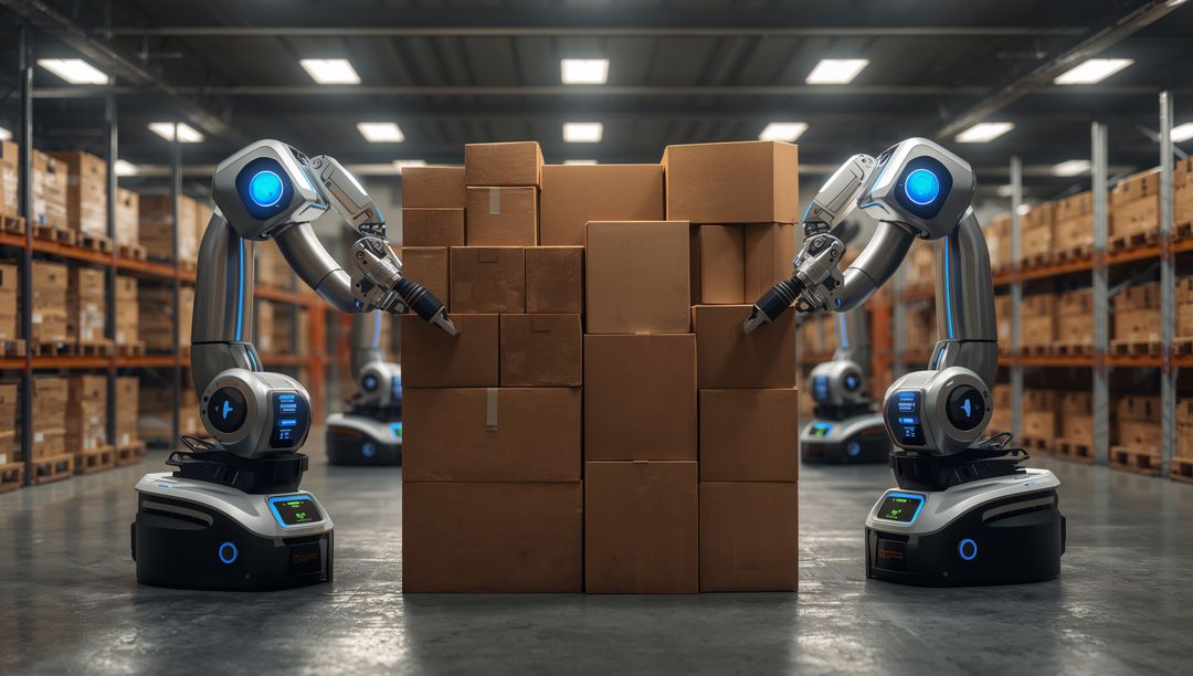 Autonomous Robotic Arms Stacking Cardboard Boxes in Modern Warehouse Automation