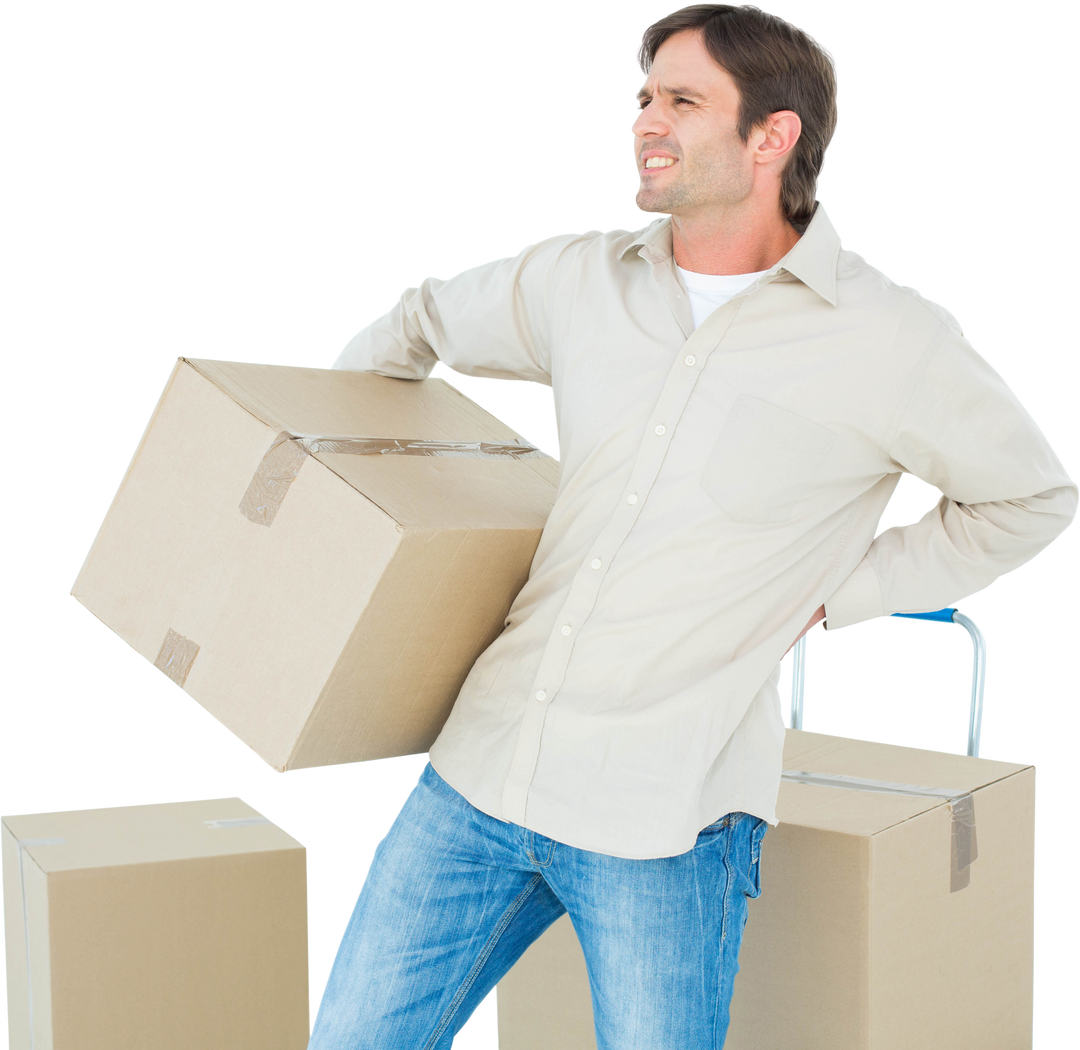 Man Suffering Back Pain Carrying Heavy Box, Transparent Background - Download Free Stock Images Pikwizard.com