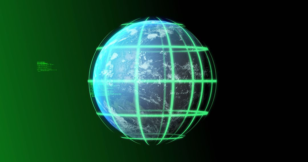 Digital Globe with Network Grids and Data Flow on Green Background