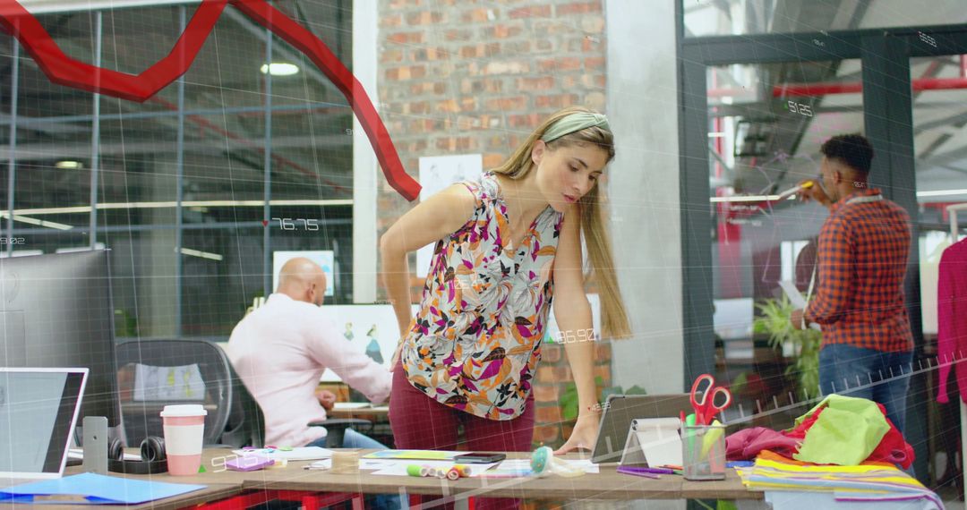 Diverse Team Collaborating in Modern Office with Data Analysis Interface