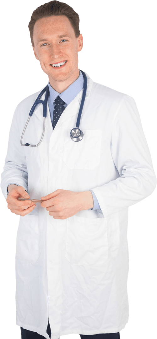 Transparent Pourraiture Smiling Male Doctor Standing with Stethoscope