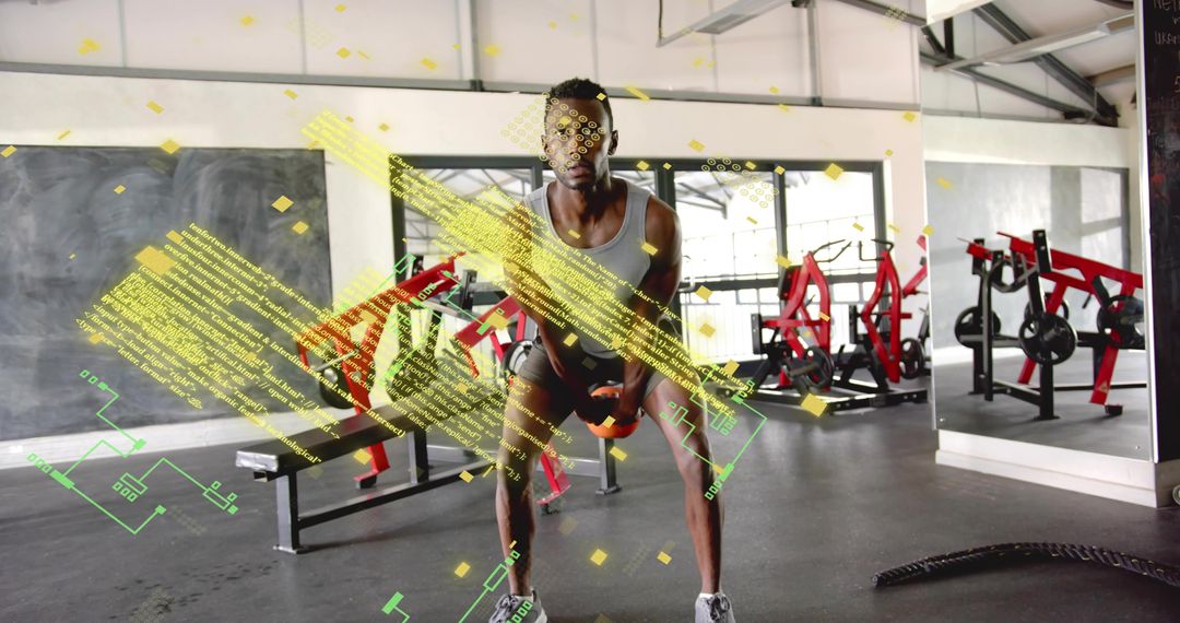 Athlete performing kettlebell squat with AR training overlay in industrial gym