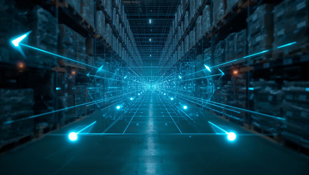 Futuristic Neon Grid and Arrows in Warehouse Aisle, AI Digital Technology