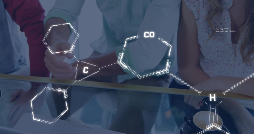 Chemical Formula Overlay with Team Collaborating on Laptop