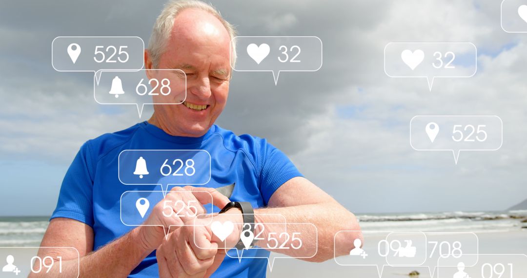 Senior Uses Smartwatch on Beach with Social Media Notifications