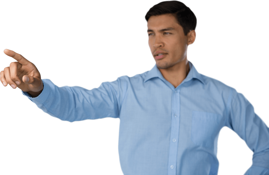 Businessman Touching Transparent Virtual Interface in Blue Shirt