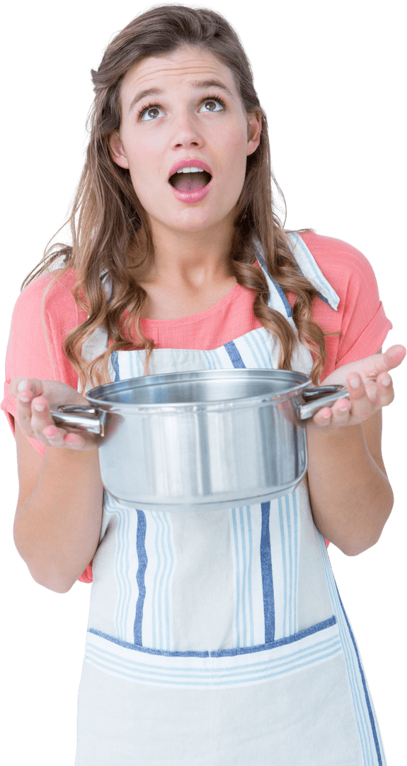 Surprised Woman Holding Transparent Saucepan in Blue Apron
