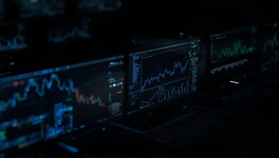 Dark Trading Workstation with Candlestick Charts Display