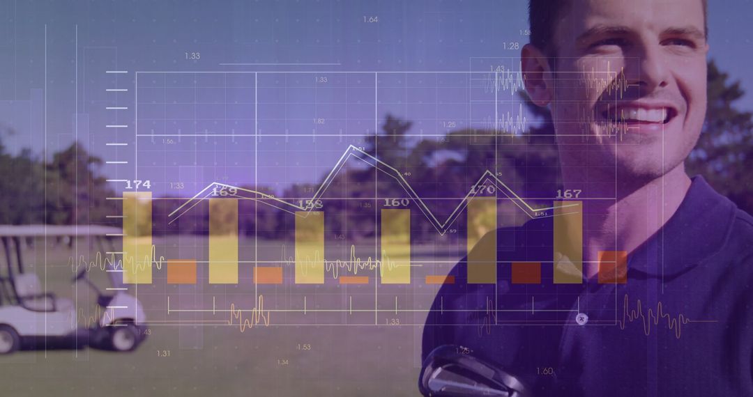 Smiling Golfer Analyzing Game Performance with Data Overlay
