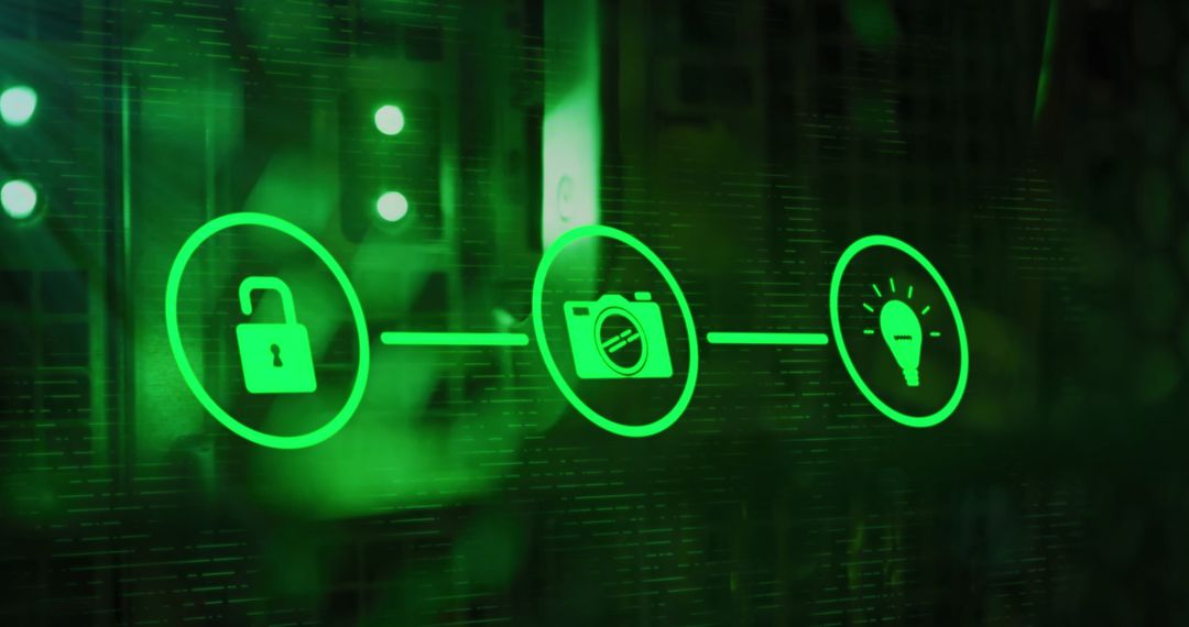Digital Data Connectivity: Lock, Camera, Light Icon Sequence