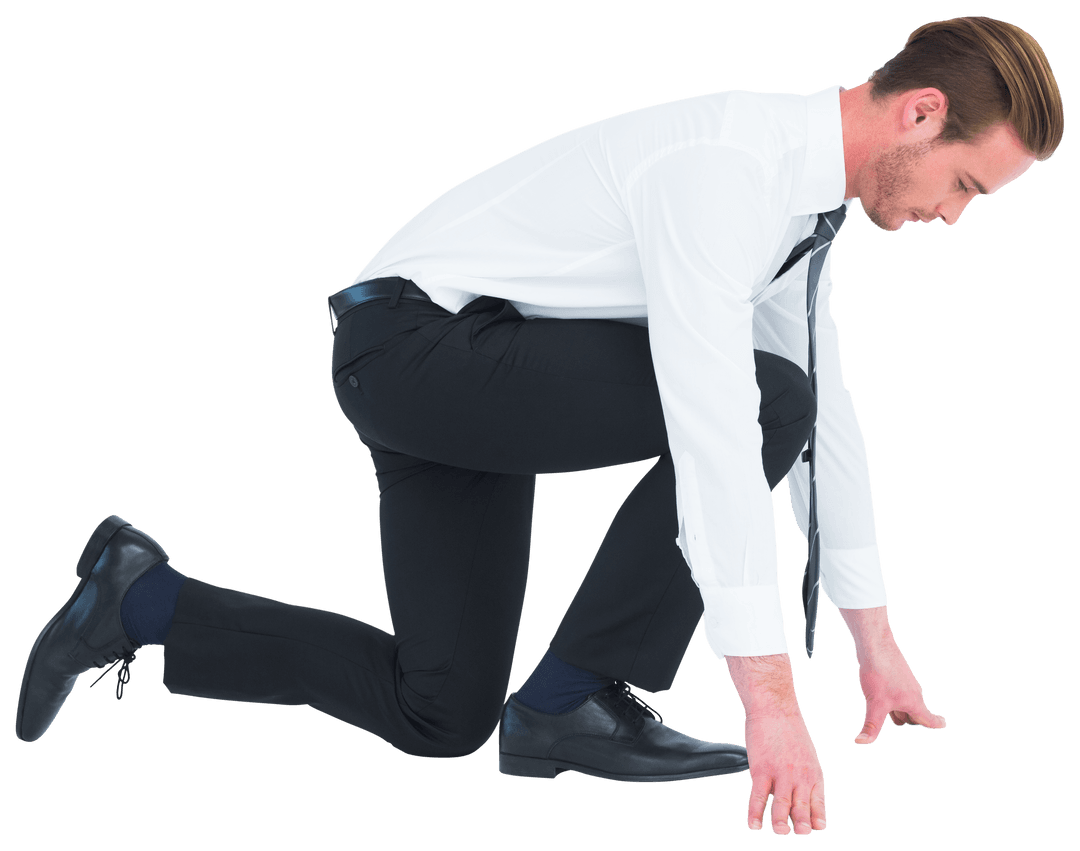 Transparent Businessman Kneeling in Formal Attire