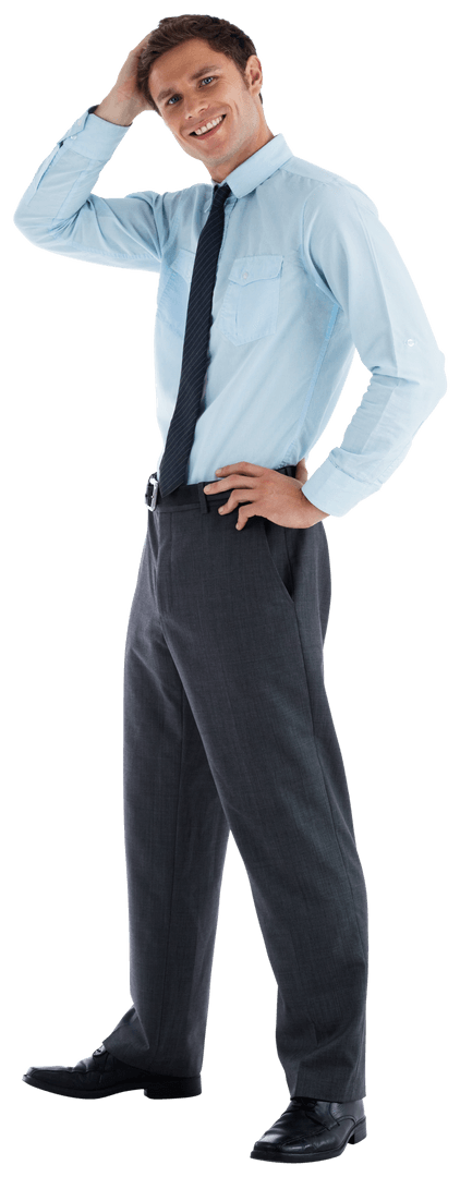 Transparent Businessman Standing Posing with Hand on Head Smiling