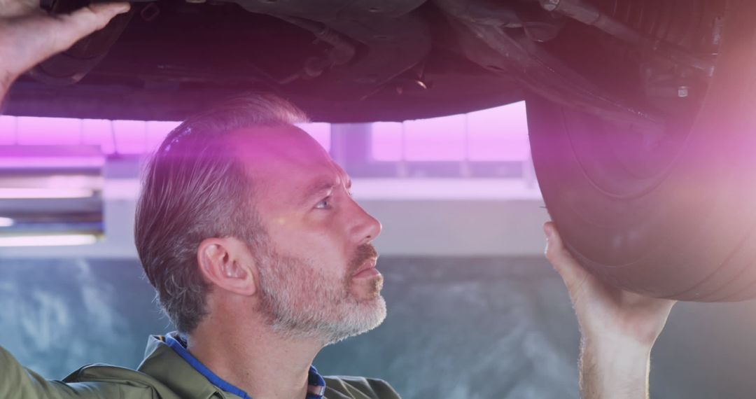 Mechanic Inspecting Car Tire in Garage with Glowing Light Effect