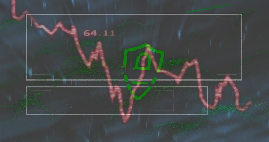 Abstract Digital Interface with Red Line Graph and Green Shield Overlay