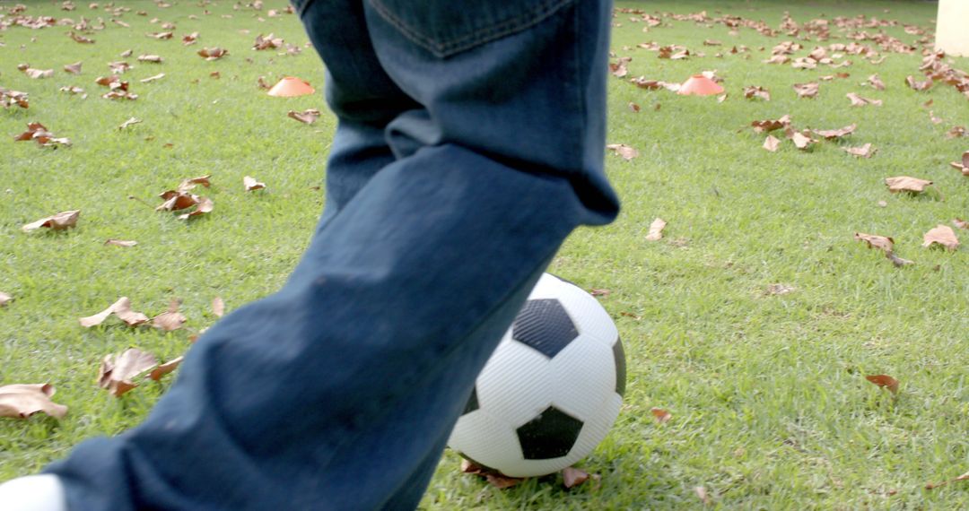 Child Playing Soccer on Autumn Grass with Fallen Leaves