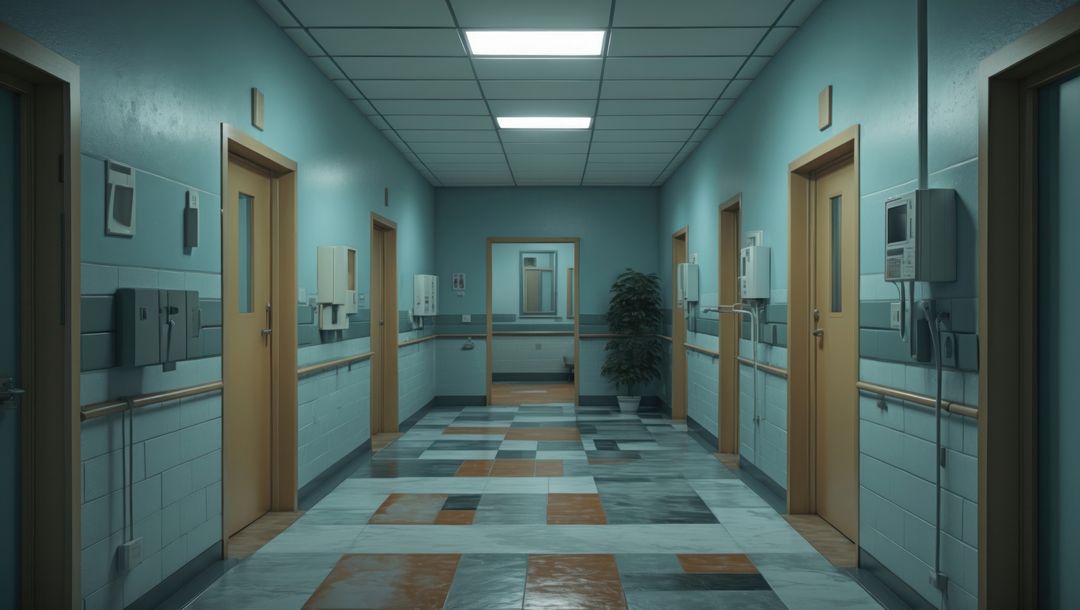 Modern Hospital Corridor with Wooden Doors and Handrails