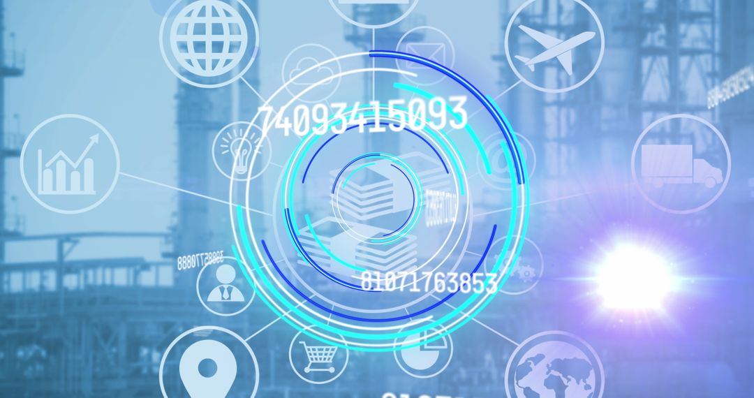 Digital Interface with Business Icons on Factory Background