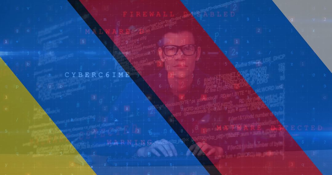 Cyber Threat Concept with Hacker and Ukraine-Russia Flag Overlay