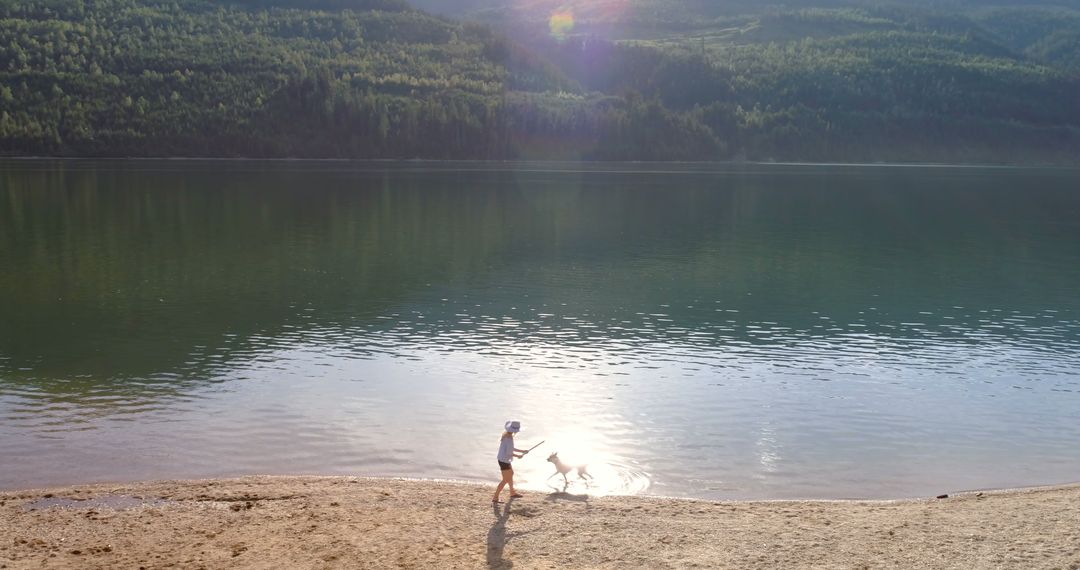 Person Playing with Dog on Scenic Mountain Lakeshore at Sunrise - Free Images, Stock Photos and Pictures on Pikwizard.com