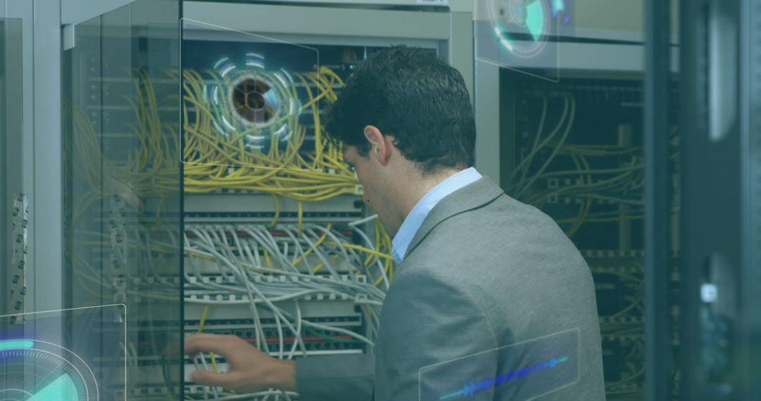 Technician Managing Data Cables in a Server Room