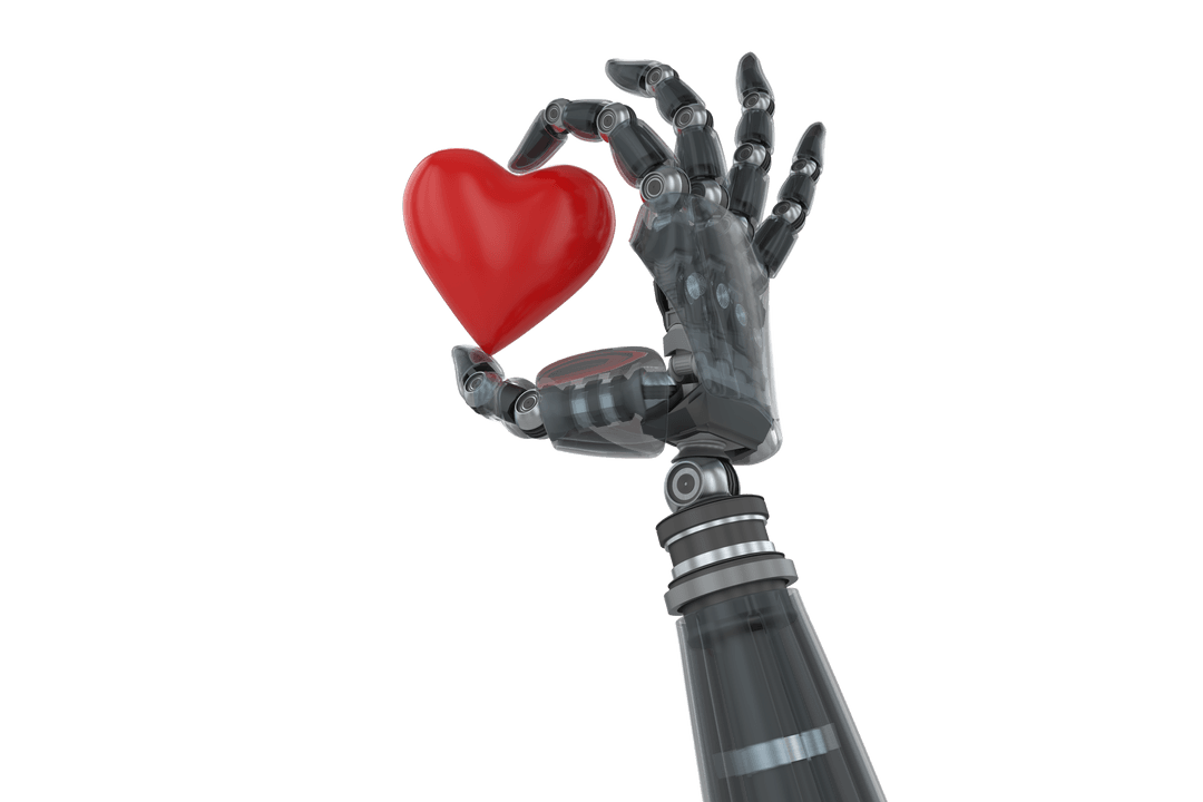 Transparent Cyborg Hand Holding Heart Symbol with Love and Technology Theme