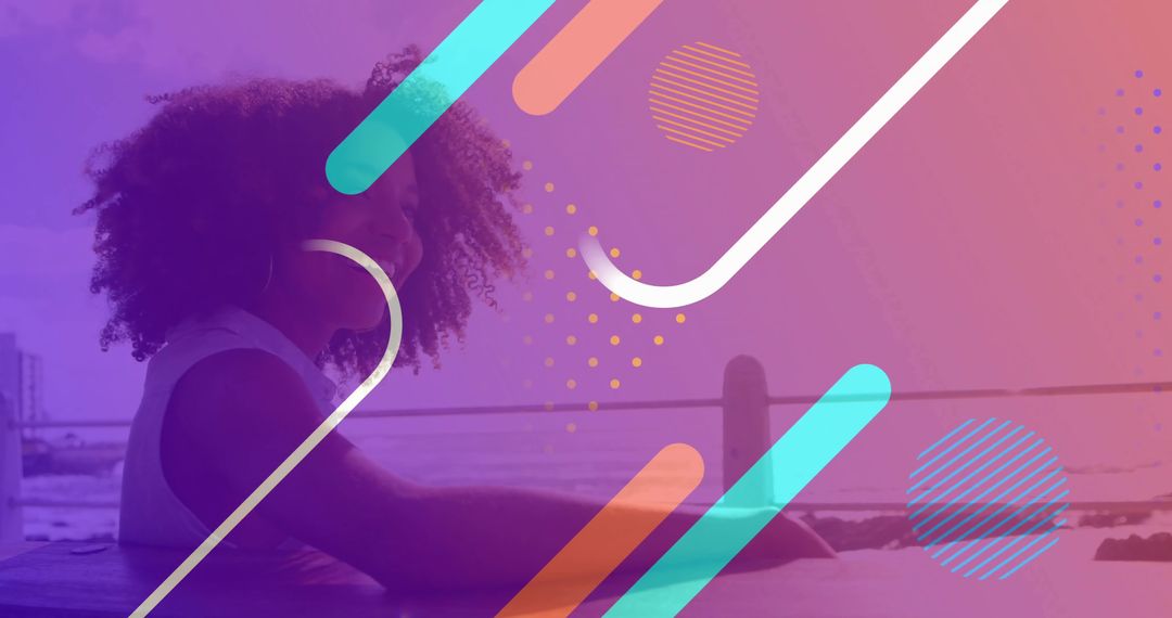 Contemplative Woman by Waterfront with Artistic Overlays