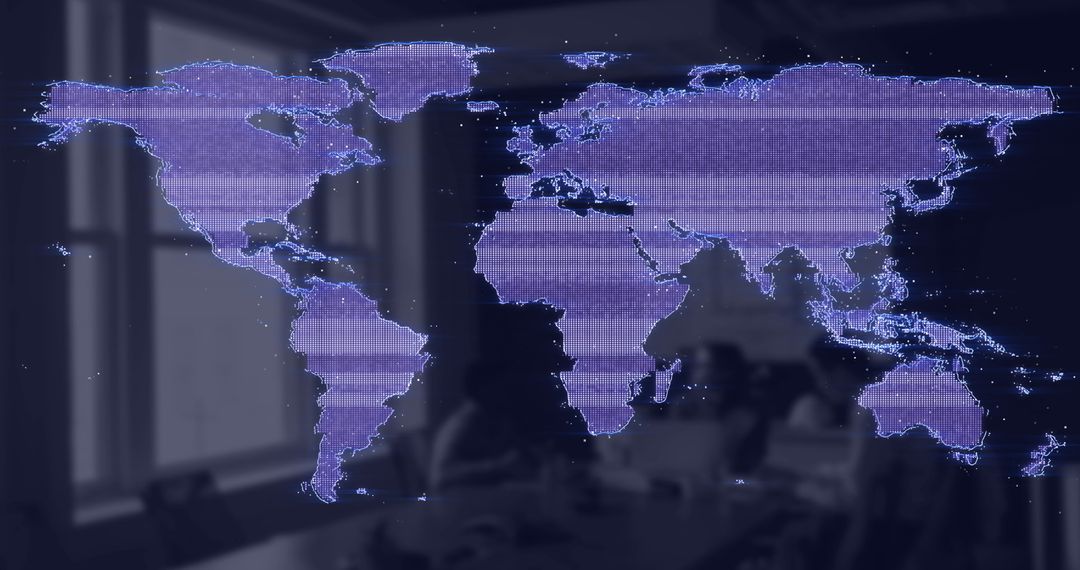 Glitch Effect World Map Over Modern Office Background