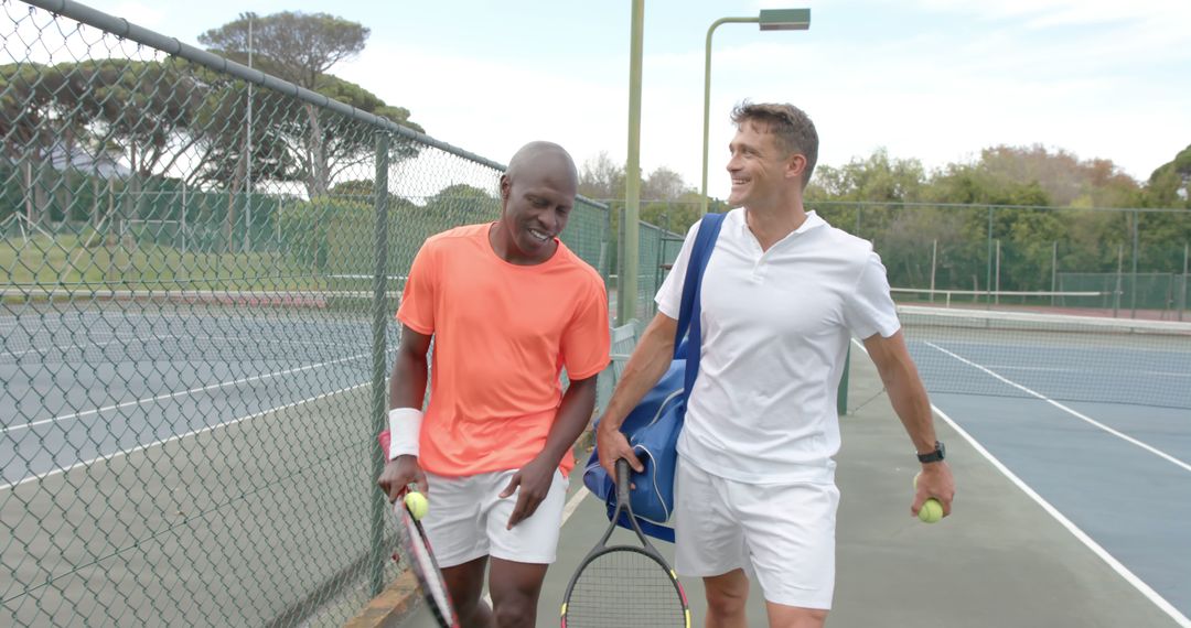 Two male friends playing tennis and enjoying break on court - Free Images, Stock Photos and Pictures on Pikwizard.com