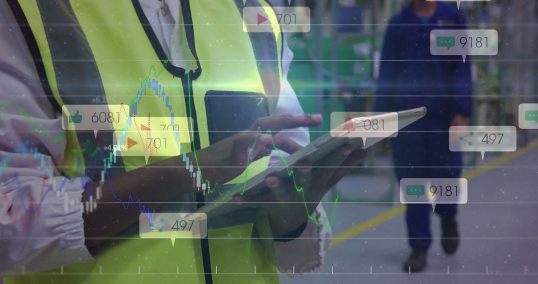 Industry Worker Using Tablet with Data Overlays in Modern Warehouse