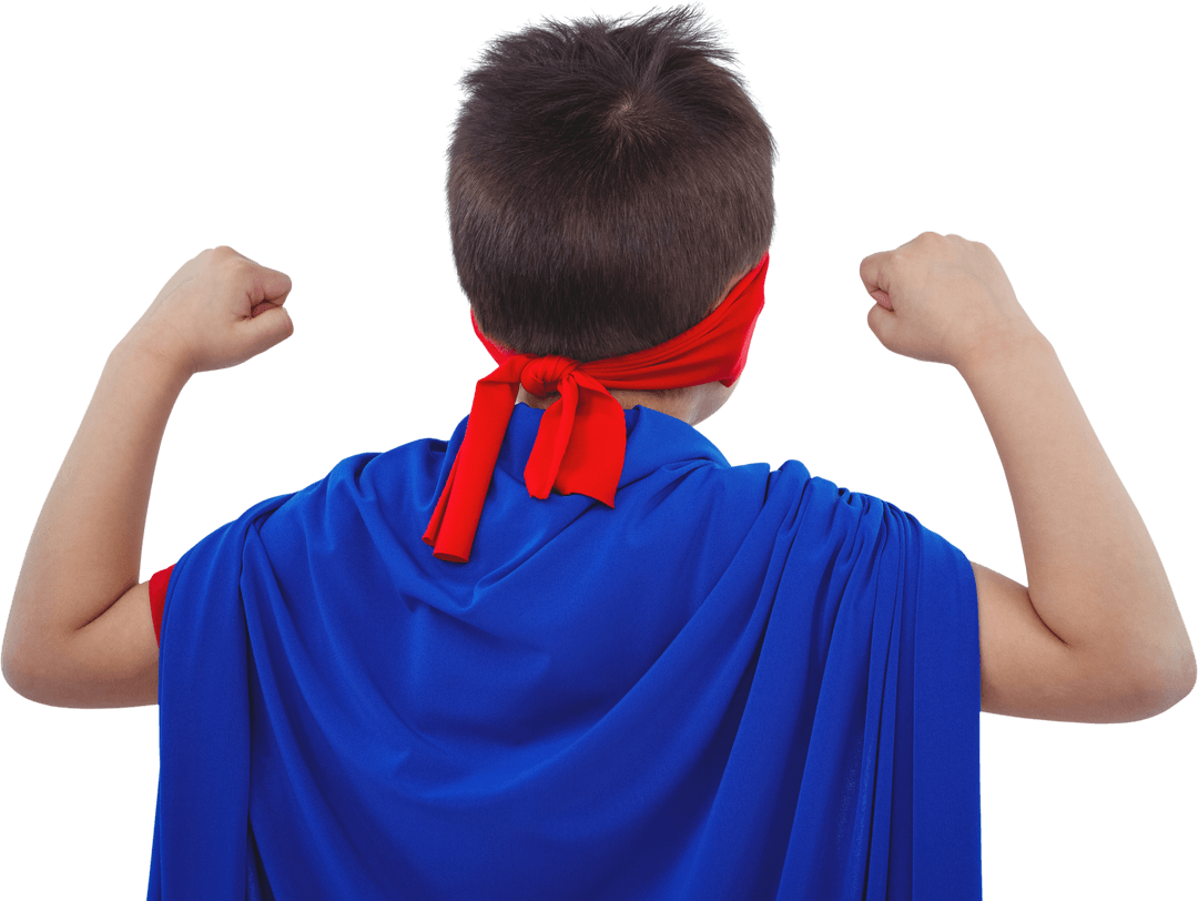 Back View Child in Blue Cape Pretending to Be Superhero Transparent PNG