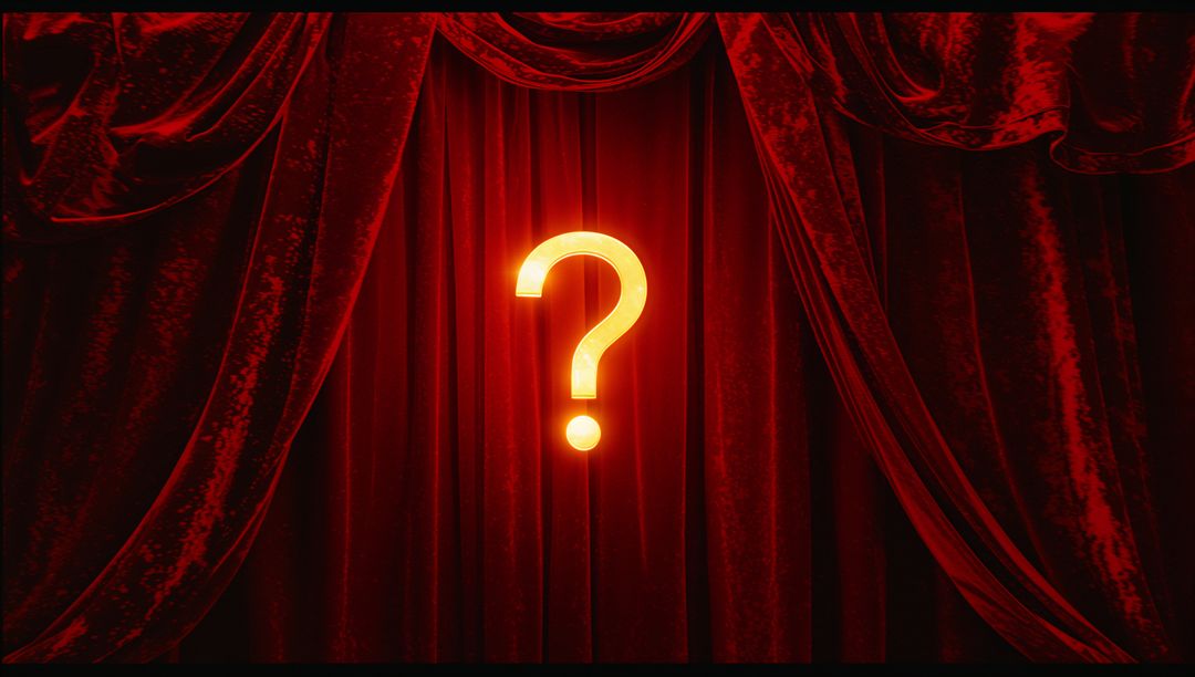 Glowing Neon Question Mark Before Red Curtains with Dramatic Spotlight