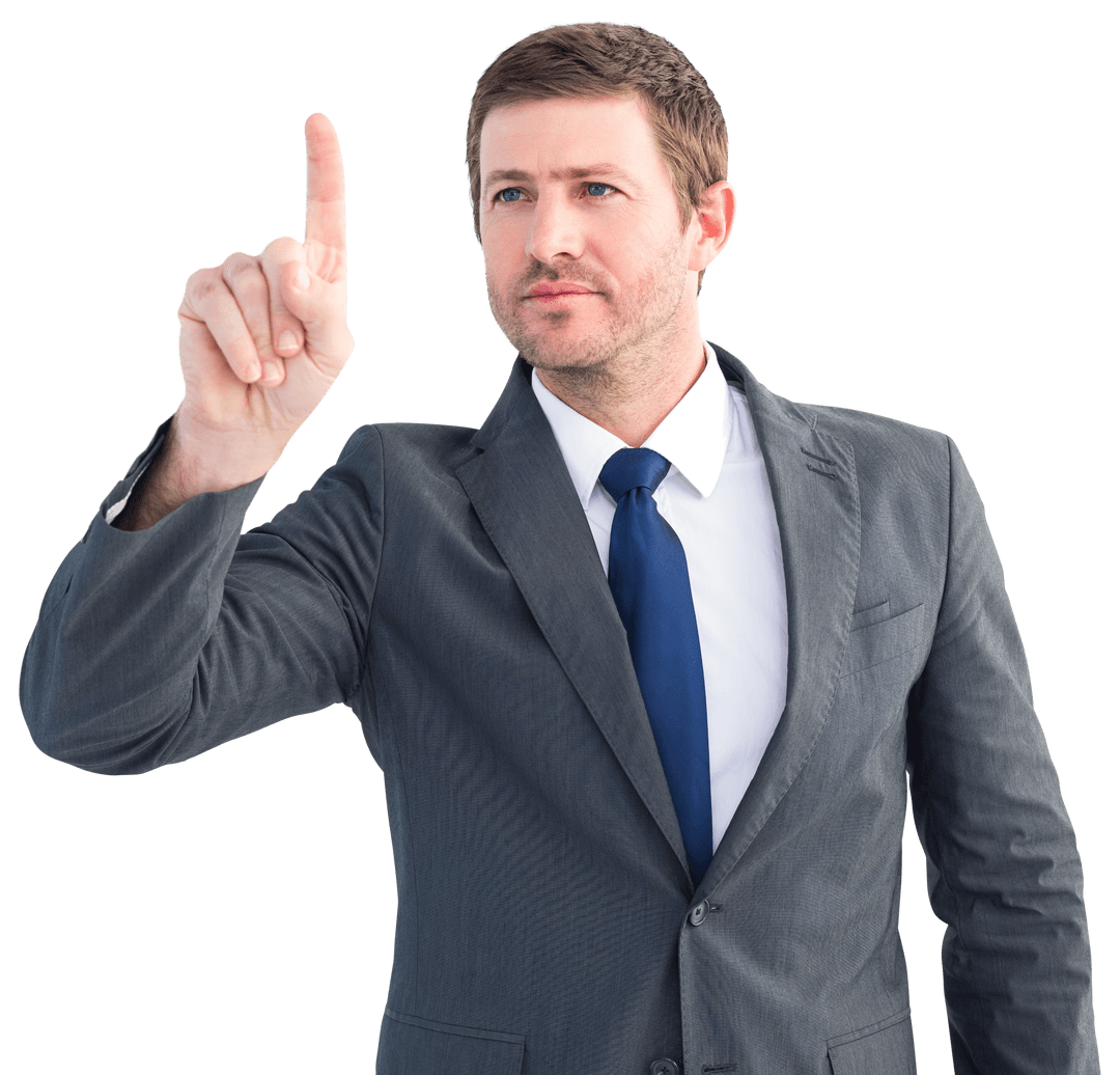 Focused Businessman Pointing with Transparent Background