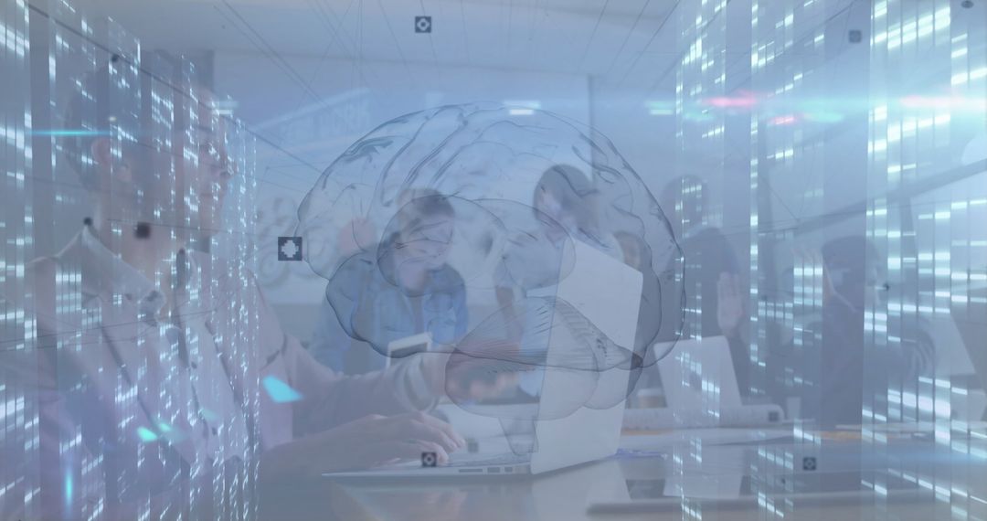 Professionals Collaborating with Futuristic Digital Overlay