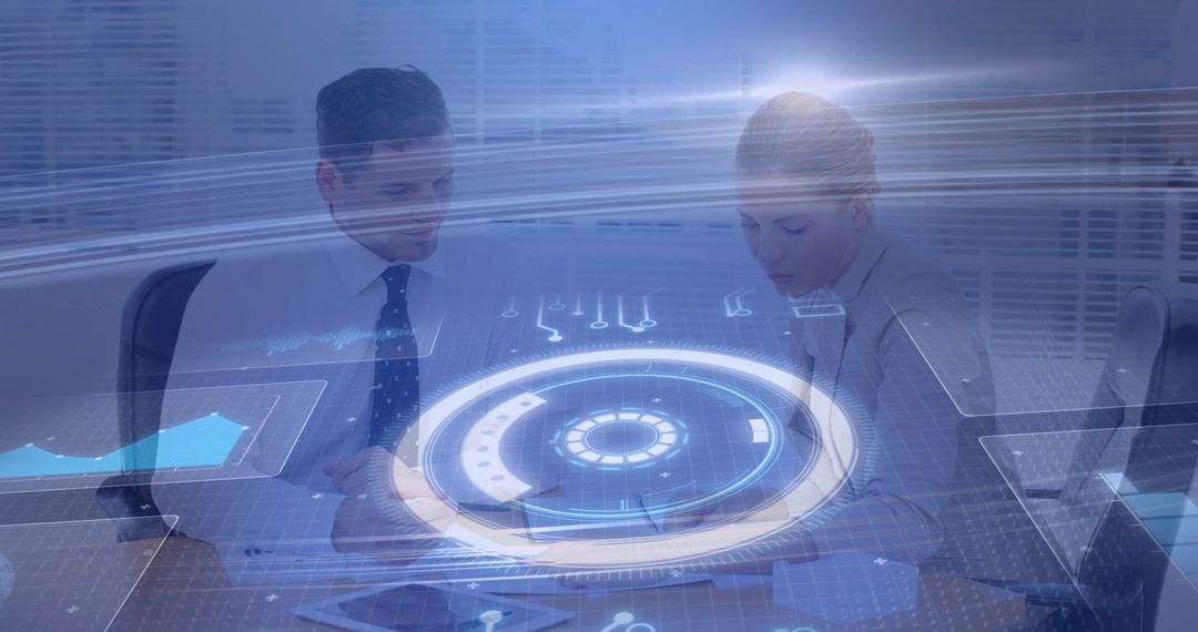 Professionals Using Holographic Charts for Data Analysis at Modern Conference