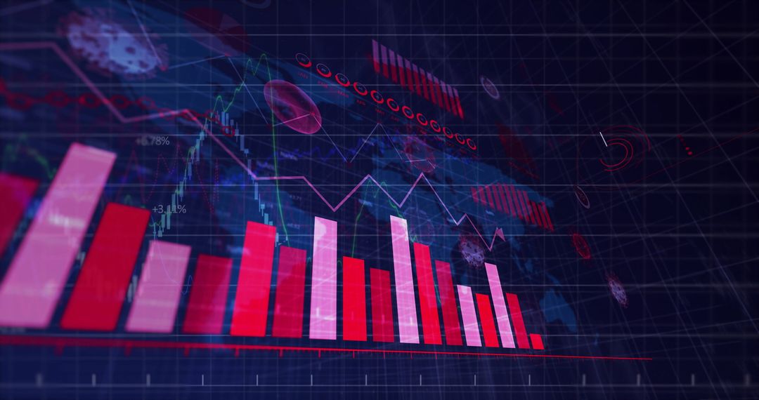 Neon Red Data Bar Chart with Floating Virus Icons