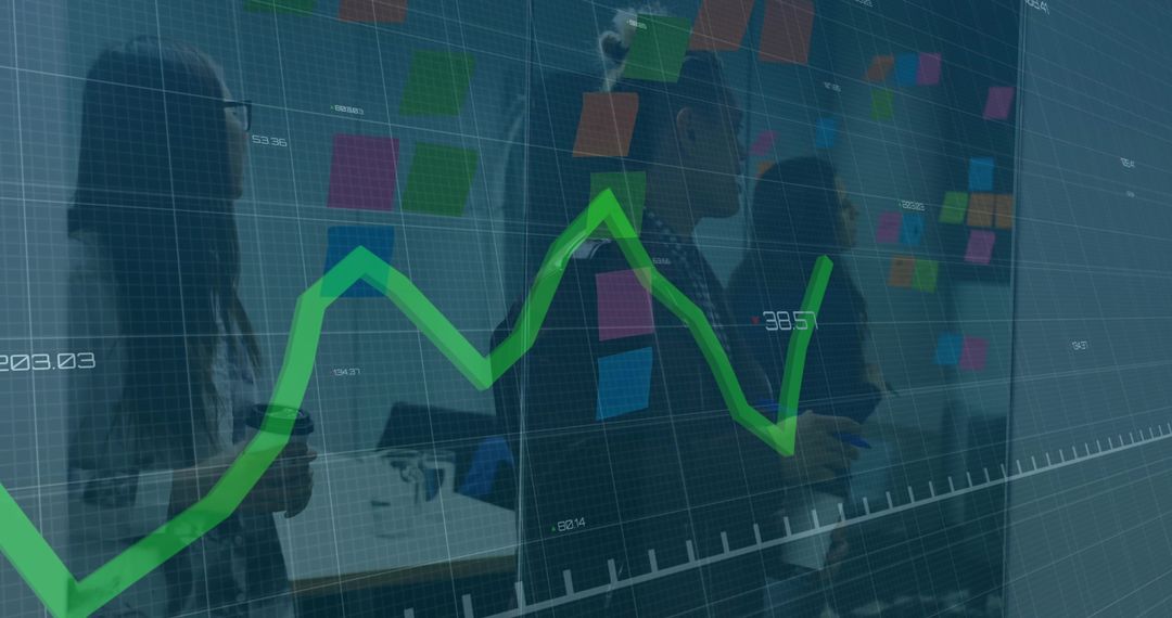 Collaborating Team Brainstorming on Glass Wall with Sticky Notes and Green Data Chart Overlay