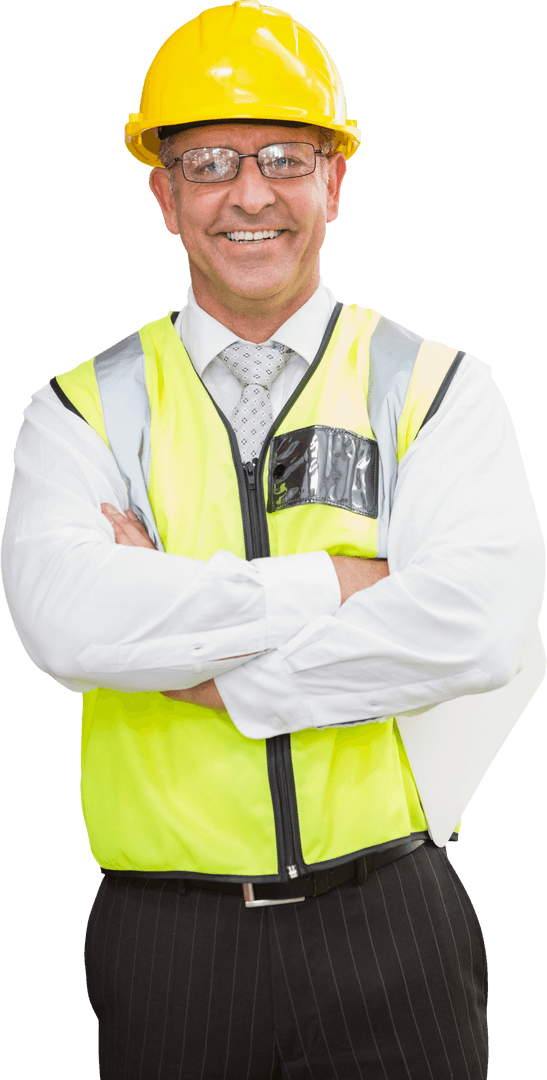 Transparent Background Manager in Hard Hat and Reflective Vest
