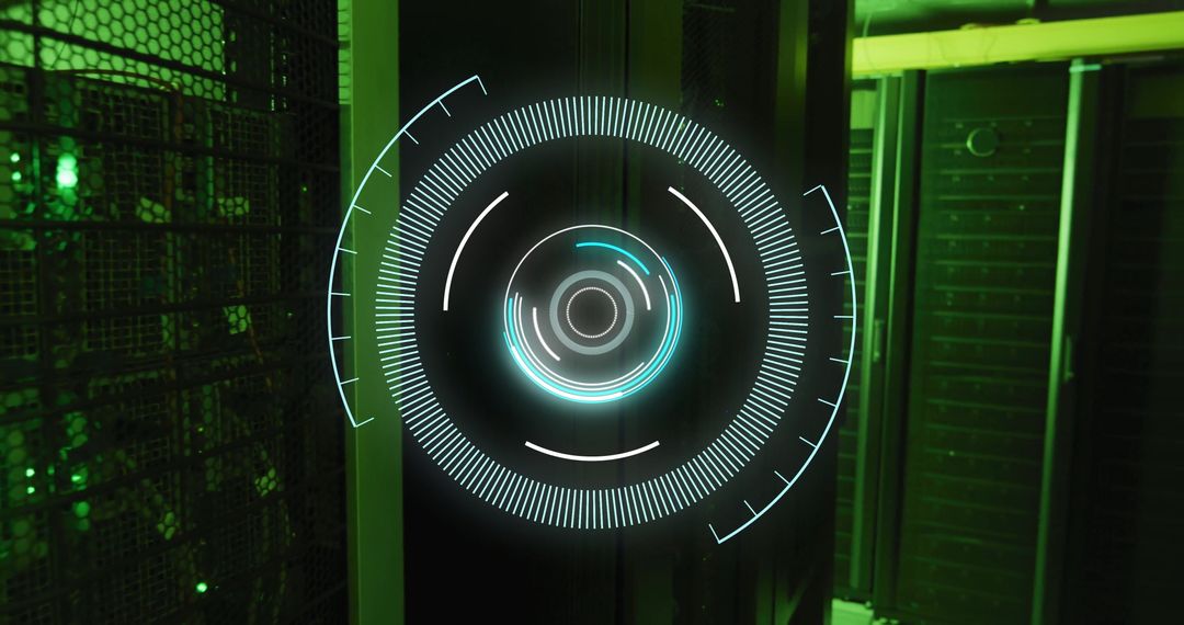Futuristic Circular Interface in Green Server Room