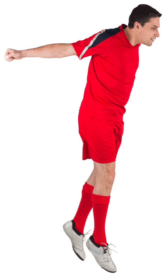 Energetic Football Player in Mid-Air with Red Jersey Transparent